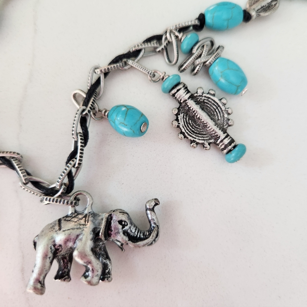 Silver and Turquoise Elephant Charm Necklace